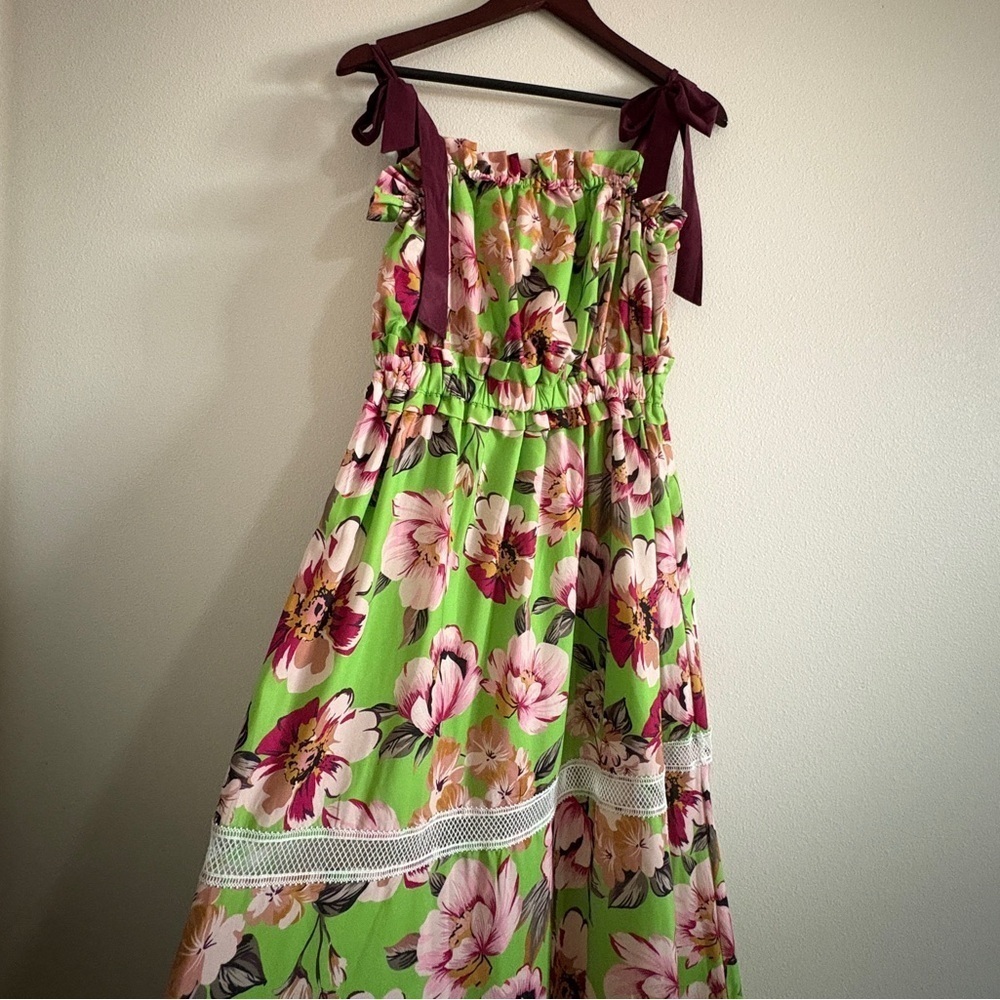 By Egreis Green Floral Midi Dress Size Small Purple Bow Tie Adjustable Length